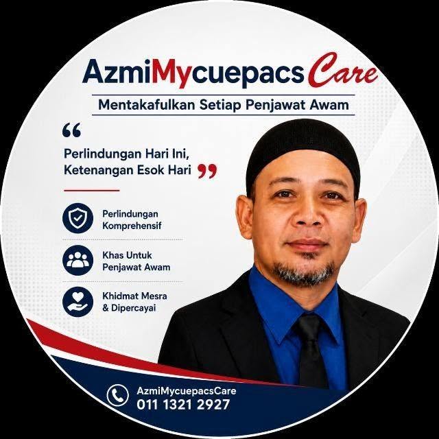 Grafik profil Azmi MyCuepacsCare dengan penerangan perlindungan untuk penjawat awam